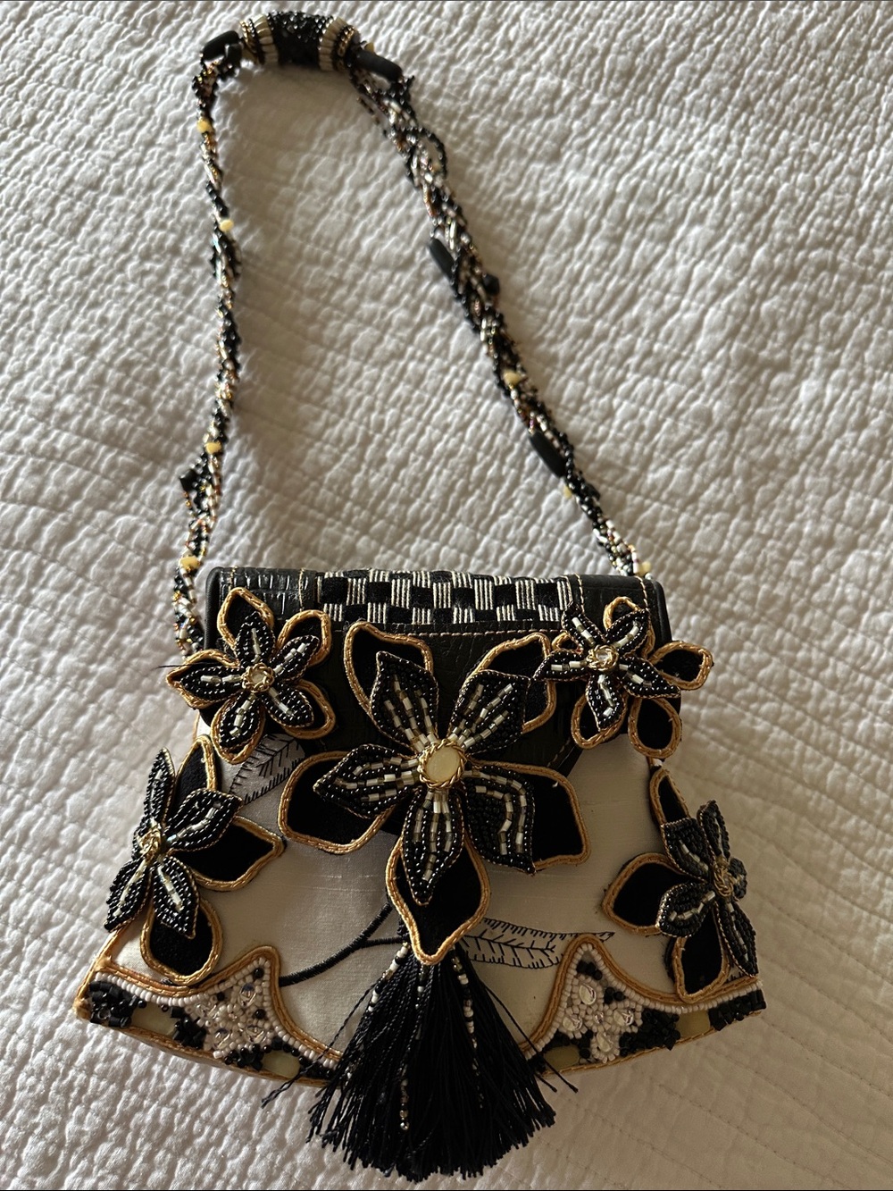 Mary Frances Black & Cream Floral Beaded Mini Shoulder Bag with Gold Accents